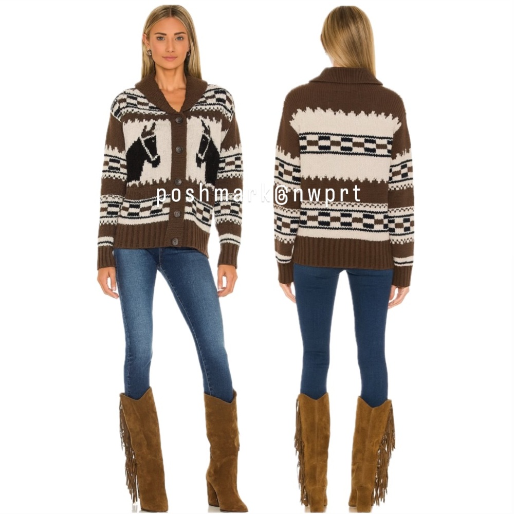 Naked Cashmere 🐴 Ryder Cardigan Intarsia Knit Sweater Horse Pony Brown Black XS - Picture 13 of 13